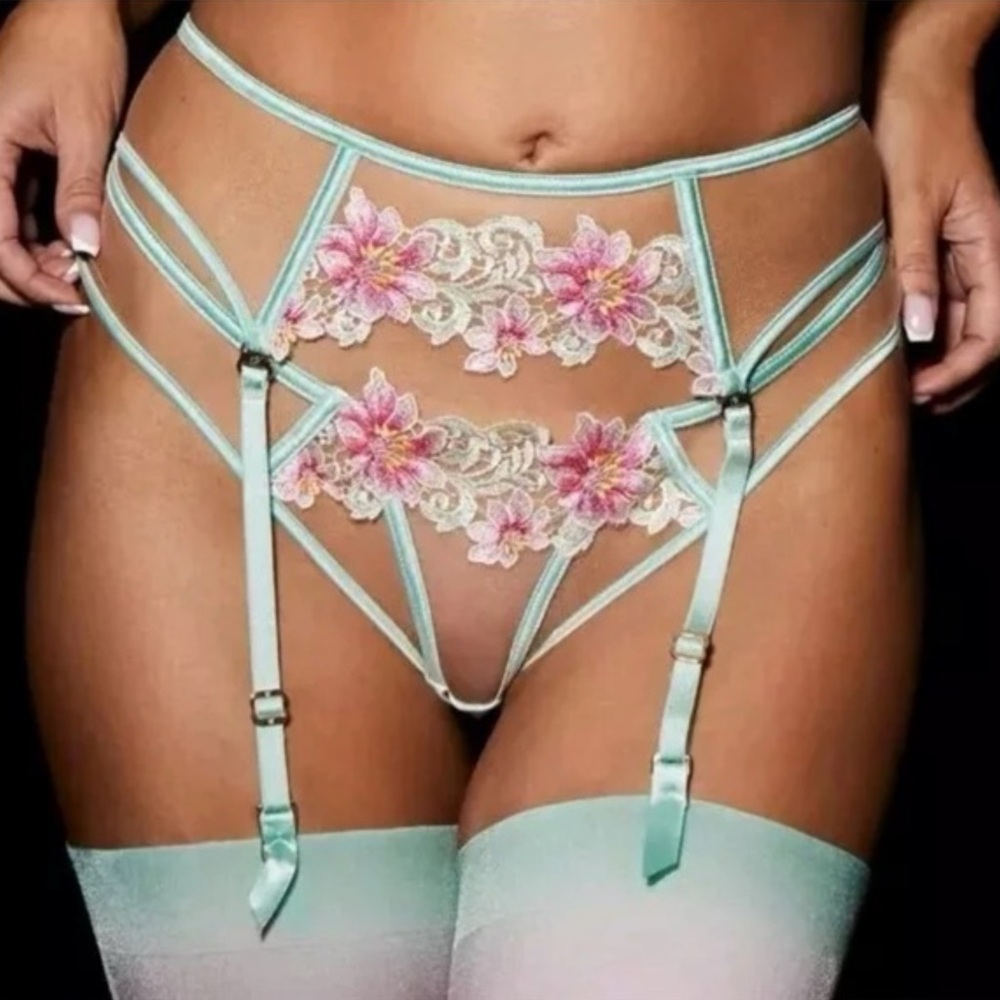 Honey Birdette Amelie Mint and Pink Floral Lace Suspender Medium